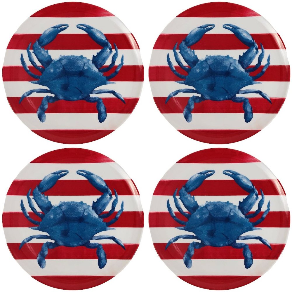 Coastal Blue Crab Melamine Dinner Plates 11in Patriotic Nautical Red Stripes New
